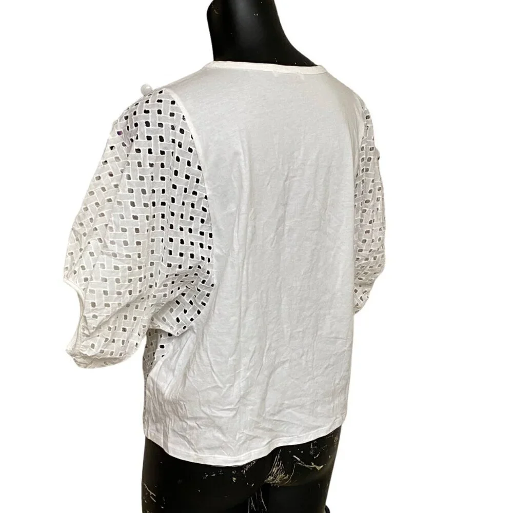 Zara White Cotton Eyelet Puff Sleeve Top Size Small
